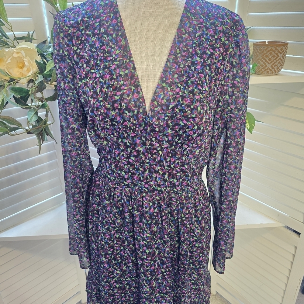 Aqua Floral Long Sleeve Dress - Purple and Teal Med  1372